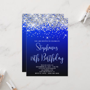 18th Birthday Silver Glitter Blue Navy Black Invitation