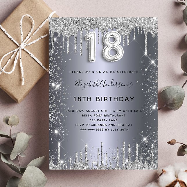 18th birthday silver glitter glamorous invitation (Creator Uploaded)