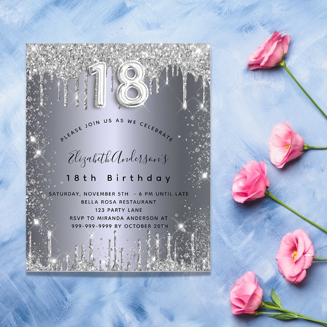 18th birthday silver glitter glamourous invitation postcard (Creator Uploaded)
