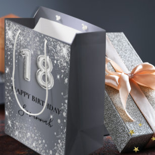 18th birthday silver glitter glamourous monogram medium gift bag