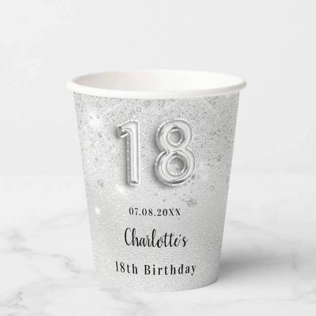 18th birthday silver glitter name paper cups (Front)