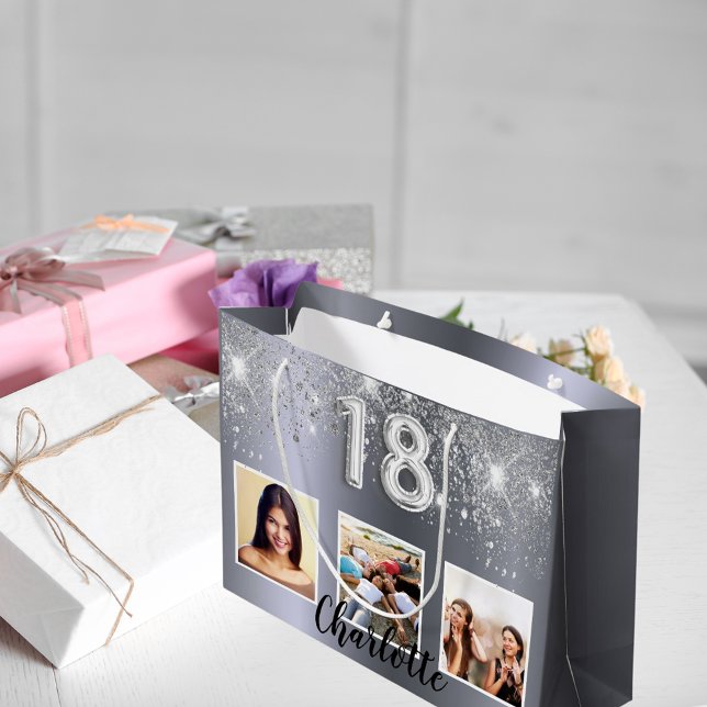 18th birthday silver glitter photo name large gift bag (Creator Uploaded)