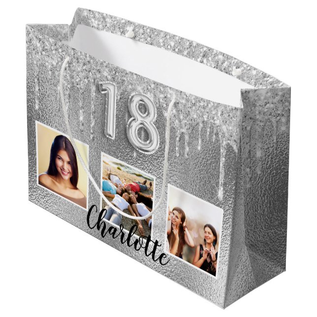 18th birthday silver glitter photo name large gift bag (Back Angled)
