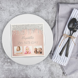 18th birthday silver glitter rose gold blush photo napkin