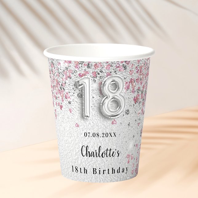 18th birthday silver pink glitter dust monogram paper cups (Creator Uploaded)