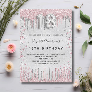 18th birthday silver pink metal glitter dust invitation