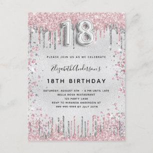 18th birthday silver pink metal glitter dust invitation postcard