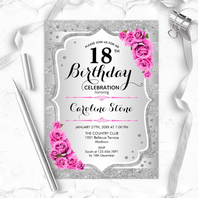 18th Birthday - Silver Stripes Pink Roses Invitation (Creator Uploaded)