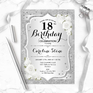 18th Birthday - Silver Stripes White Roses Invitation