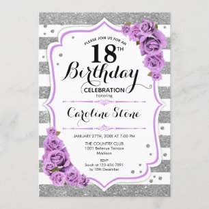 18th Birthday -  Silver White Stripes Purple Roses Invitation