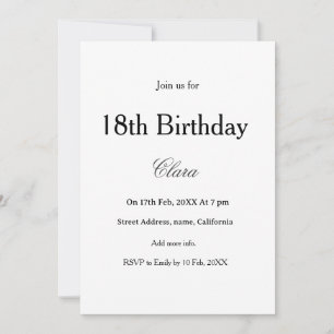 18th birthday simple name minimal black white  invitation
