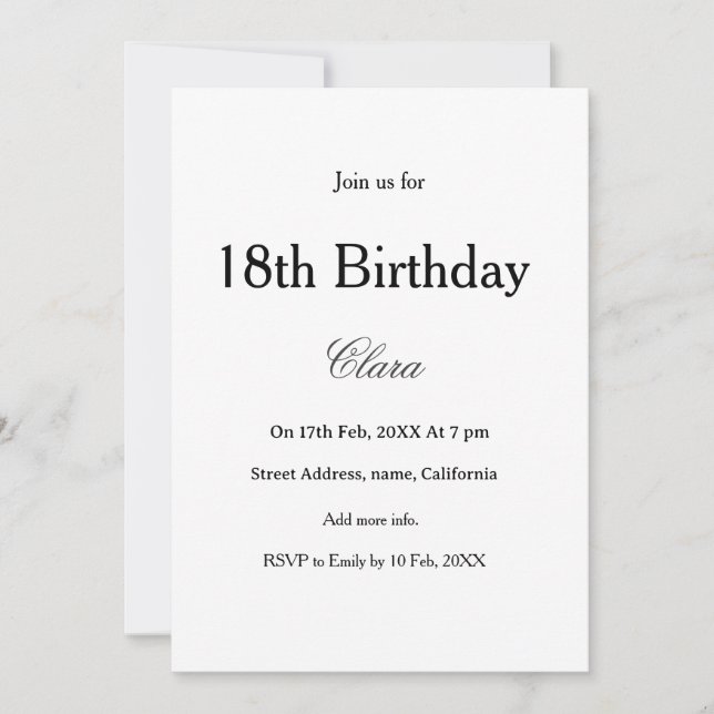 18th birthday simple name minimal black white  invitation (Front)