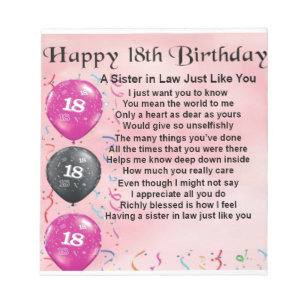 18th Birthday - Sister in Law Poem Notepad