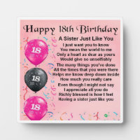 18th Birthday Sister Poem Plaque