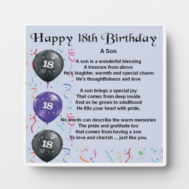 18th  Birthday Son Poem Plaque (Front)