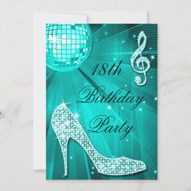 18th Birthday Sparkle Heels and Teal Disco Ball Invitation (Front)