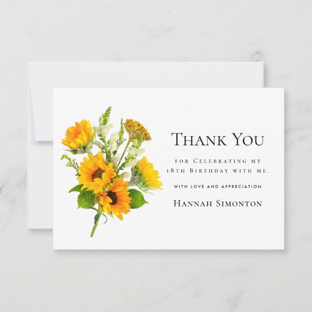 18th Birthday Sunflower Bouquet Personalised Thank You Card (Front)