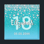 18th birthday teal blue green glitter name diamond magnet<br><div class="desc">An elegant, glamourous and girly 18th birthday party button. Teal, blue green coloured faux glitter with faux diamond sprinkle and a golden frame. Templates for a name, age 18 and a date. Date of birth or the date of the party/anniversary. White and teal coloured letters. The name is written with...</div>