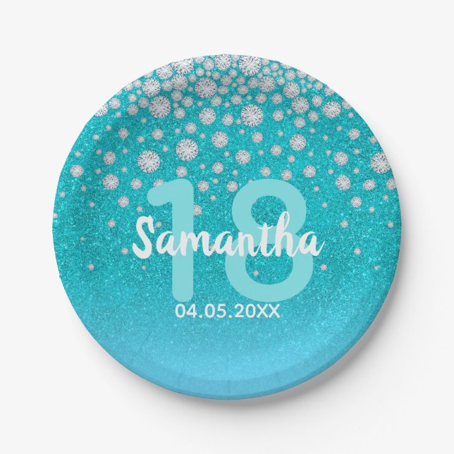 18th birthday teal blue green glitter name paper plate (Front)