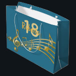 18th birthday teal green music notes large gift bag<br><div class="desc">Teal,  blue green background with faux gold music notes for a 18th birthday. Templates for the age 18 and name.  The name is written in a hand-lettered style script.  Golden letters and number.</div>
