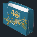 18th birthday teal green music notes large gift bag<br><div class="desc">Teal,  blue green background with faux gold music notes for a 18th birthday. Templates for the age 18 and name.  The name is written in a hand-lettered style script.  Golden letters and number.</div>