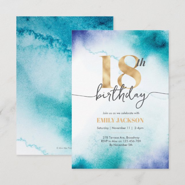 18th birthday Turquoise watercolor gold invitation (Front/Back)