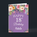 18th Birthday Watercolor Floral Flowers Purple Card<br><div class="desc">18th Birthday Watercolor Floral Flowers Purple Card with personalised name and age. For further customisation,  please click the "Customise it" button and use our design tool to modify this template.</div>