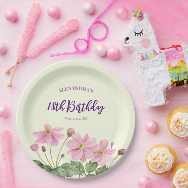 18th Birthday Watercolor Pink Japanese Anemone Paper Plate (Party)