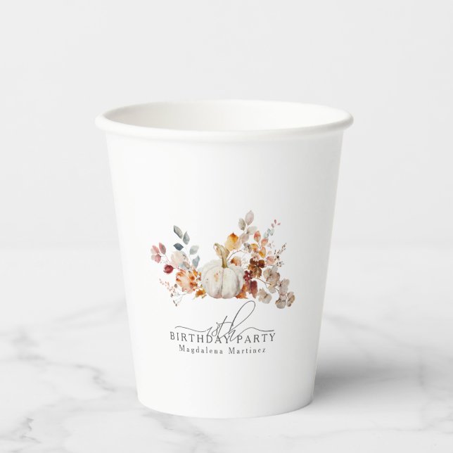 18th Birthday White Pumpkin Fall Flowers Custom Paper Cups (Front)