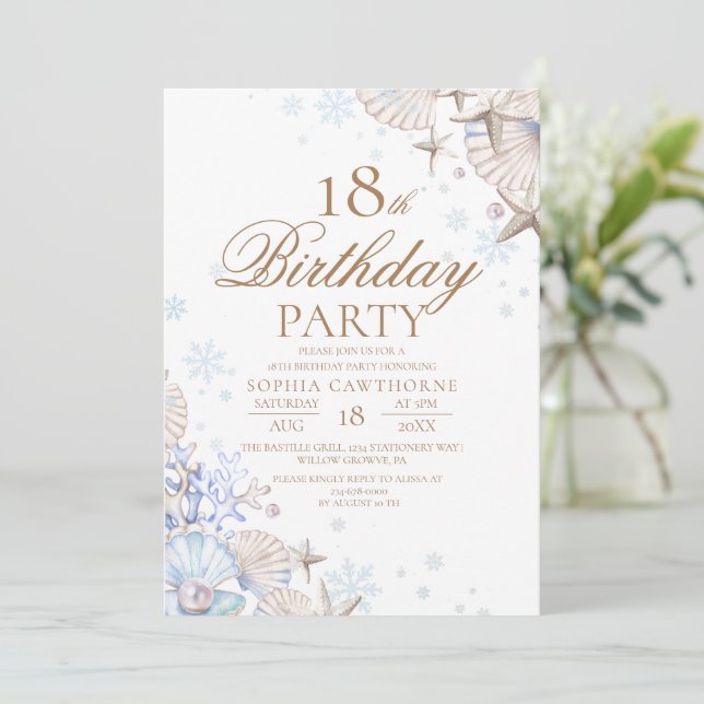 18th Birthday Winter Beach Shells Party Invitation (Standing Front)