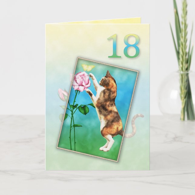 18th Birthday with a playful cat Card (Front)