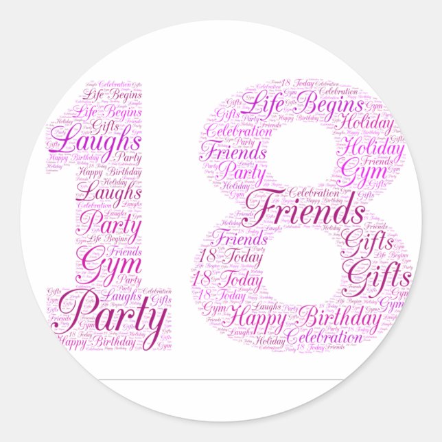 18th Birthday Word Art - Design Classic Round Sticker (Front)