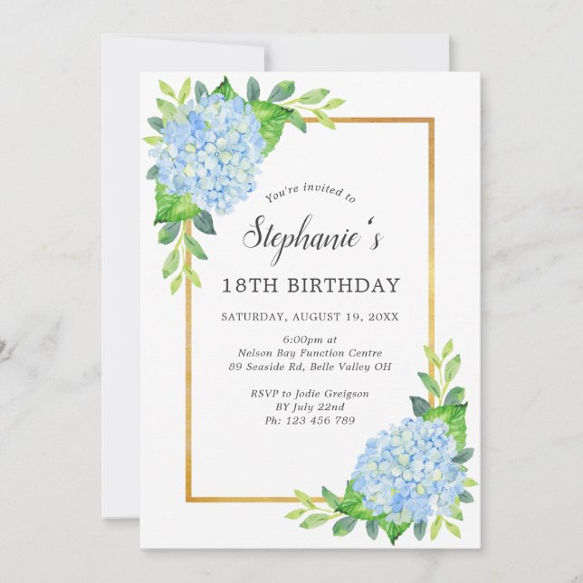 18th Blue Hydrangea Border Birthday Invitation (Front)