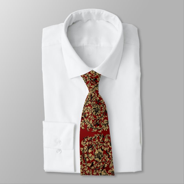 18th Century Baroque Rococo Vine & Birds Pattern Tie (Tied)