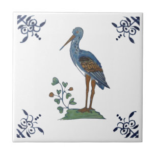 18th Century Delft Heron? on White Ceramic Tile