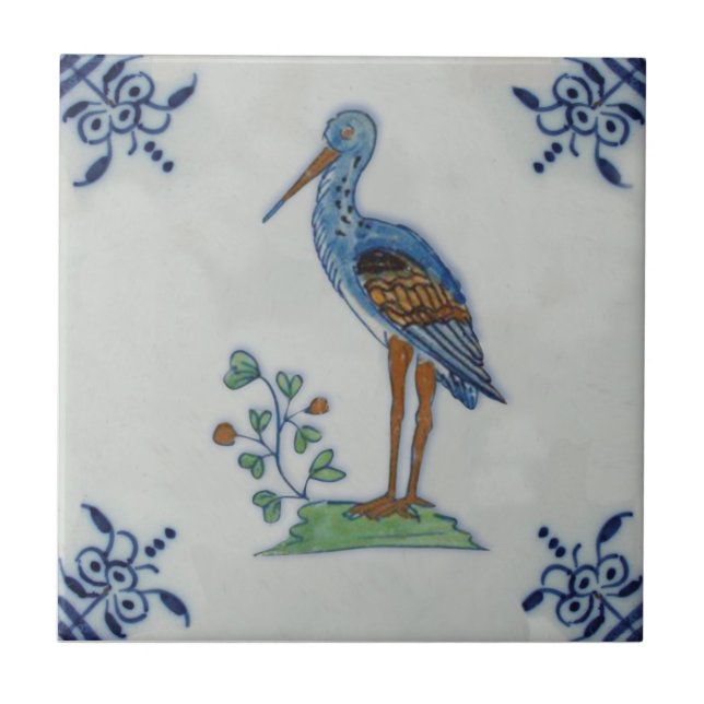 18th Century Delft Polychrome Stork? Heron? Repro Ceramic Tile (Front)