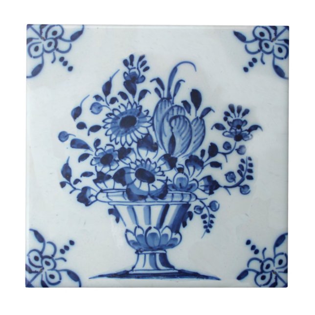 18th Century Dutch Delft Flower Arrangement Repro Ceramic Tile (Front)