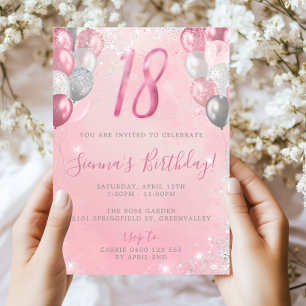 18th Glitter Birthday Pink & Silver Balloons Invitation