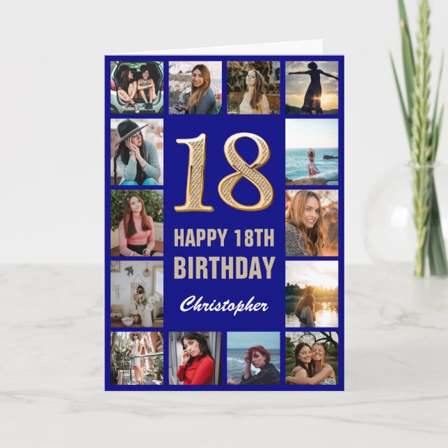 18th Happy Birthday Navy Blue & Gold Photo Collage Card (Front)
