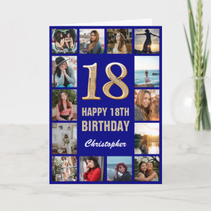 18th Happy Birthday Navy Blue & Gold Photo Collage Card