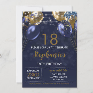 18th Invite Navy Gold Birthday Invitation