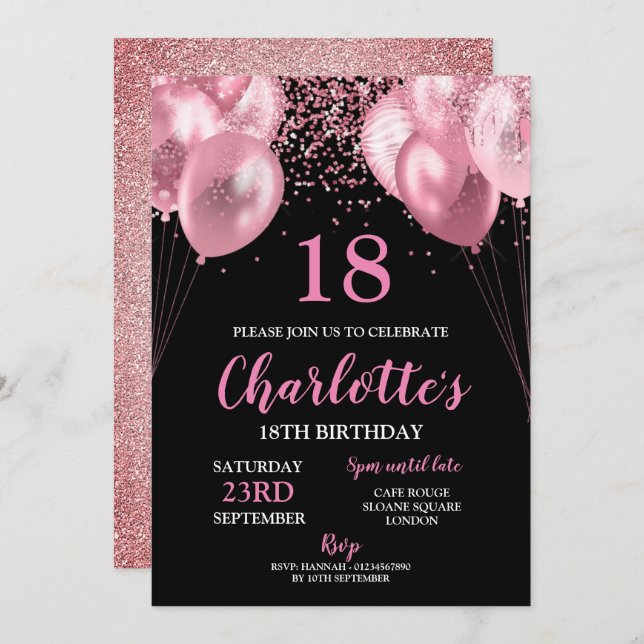 18th Invite pink neon black birthday Invitation (Front/Back)