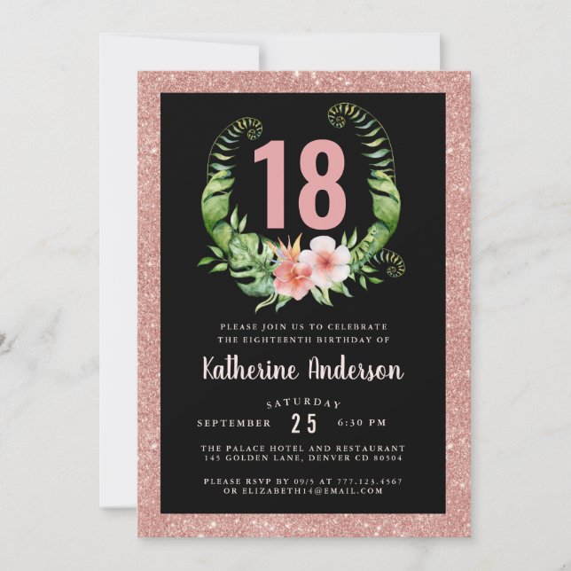 18th or any age birthday blush pink glitter floral invitation (Front)