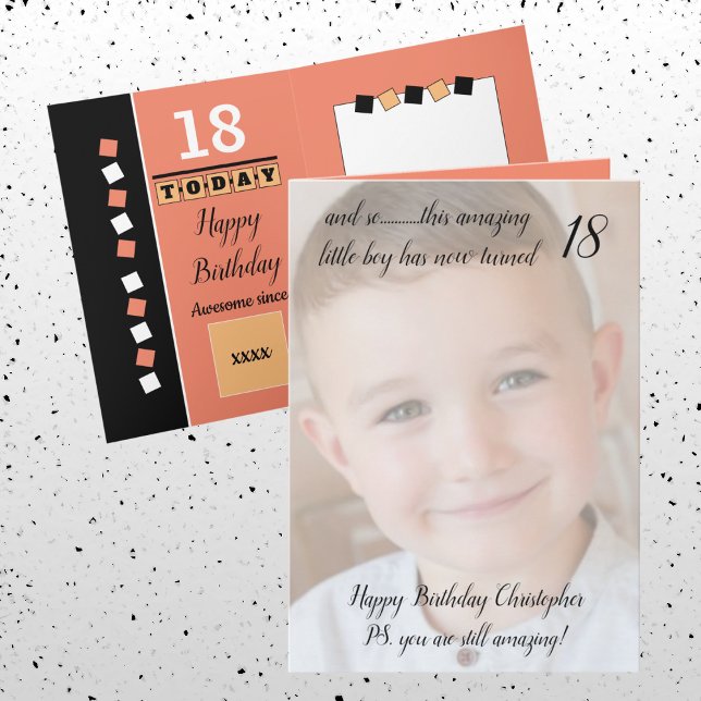 18th still amazing orange and black birthday photo card (Creator Uploaded)