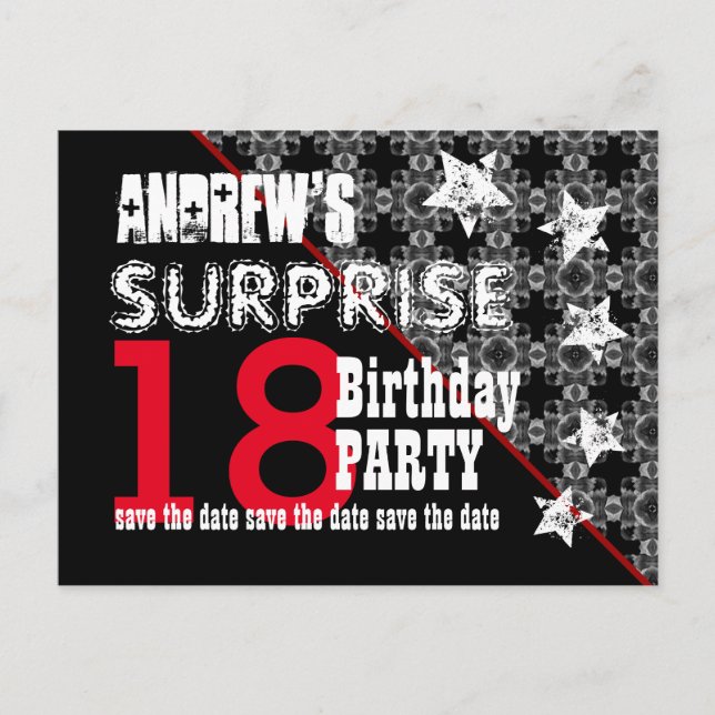 18th Surprise Birthday Save the Date Diagonal W66 Announcement Postcard (Front)