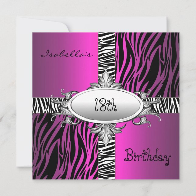 18th Teen Birthday Zebra Wild Pink Animal Black Invitation (Front)