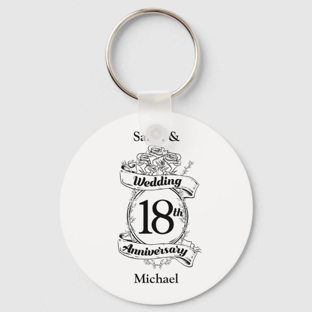 18th Wedding Anniversary Black and White Roses Key Ring (Front)