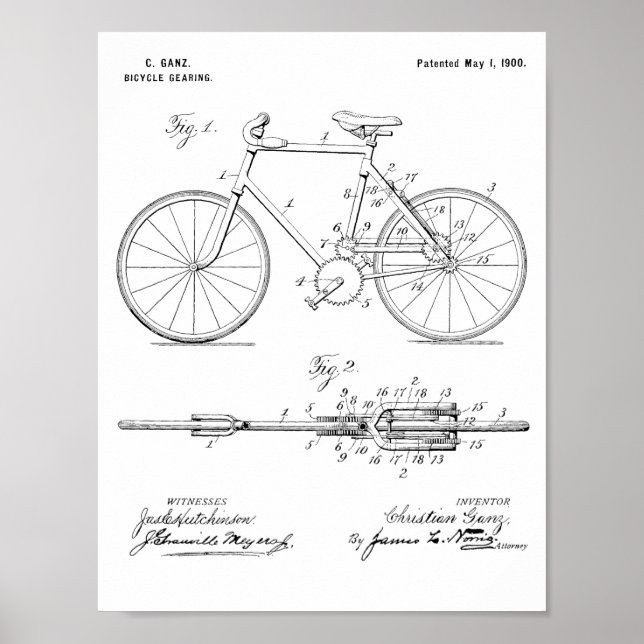 1900 Bicycle Gear Patent Art Drawing Print (Front)