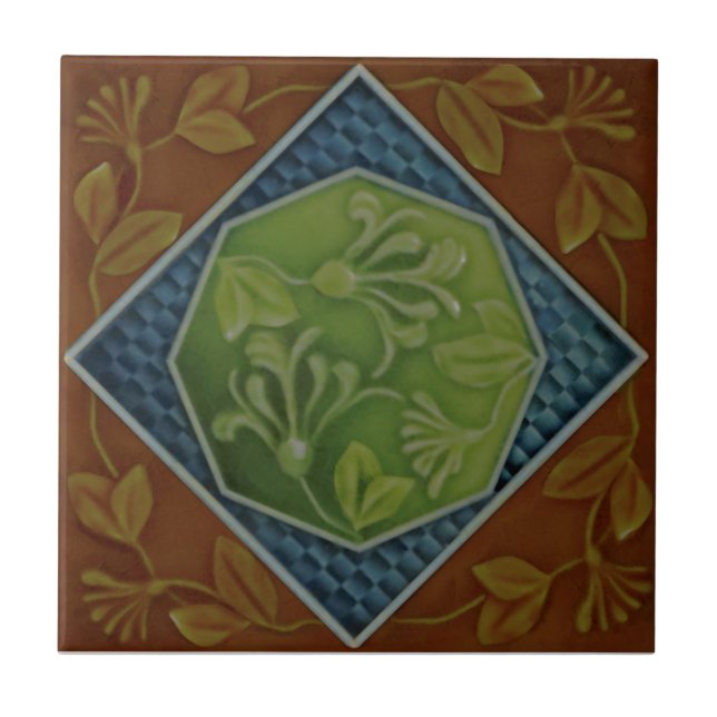 1900 Majolica Honeysuckle Floral Repro Faux Relief Ceramic Tile (Front)