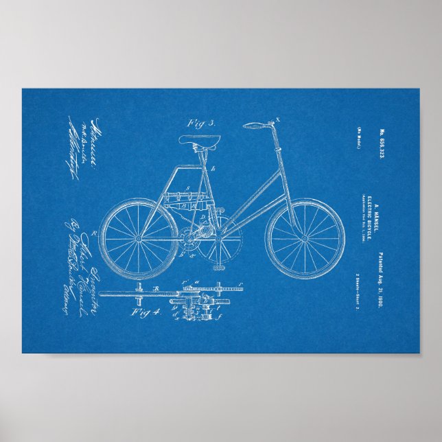 1900 Vintage Electric Bicycle Patent Blueprint Art Poster (Front)